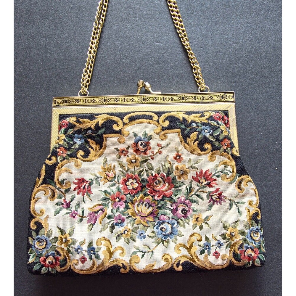 Vintage Floral Tapestry Purse Gold Chain Shoulder Bag Clutch Evening Bag